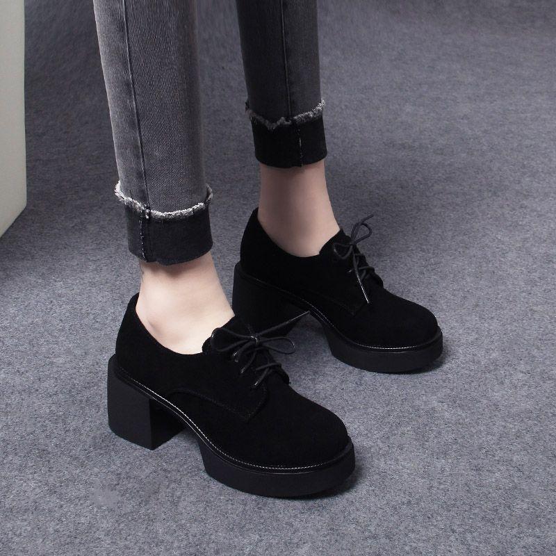 Thick-soled matte suede super soft sheepskin loafer single shoes women's 2025 spring and autumn round head new leather shoes thick heel lace-up