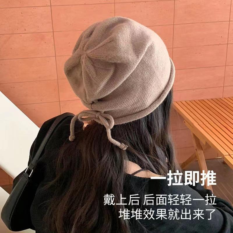Autumn Winter Women Knitted Baggy Beanie Hat Drawstring Slouchy Wool Pullover Cap Outdoor Windproof Skullies Beanies Bonnet Caps