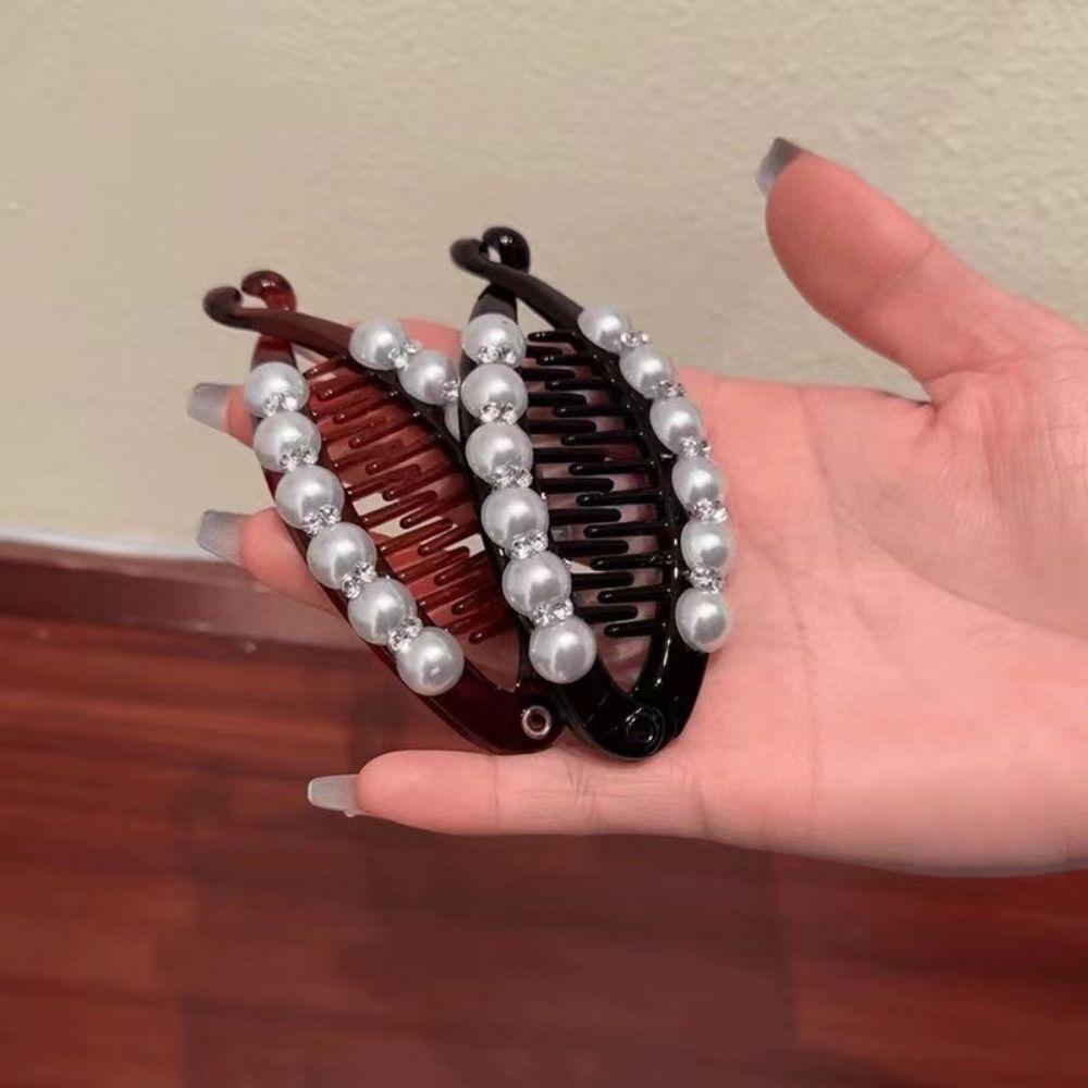 Korean Style Pearl Banana Clip Ponytail Holder Rhinestone Hair Clip Plastic Vertical Clip Women