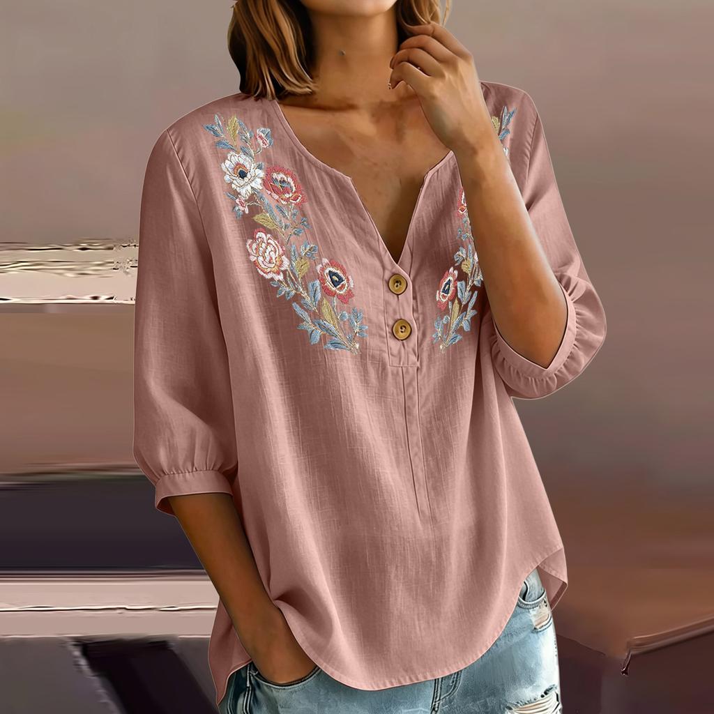 Damen Florale Stickerei Henley Knopfleiste Dreiviertelärmel Leinen Baumwolle Bluse Lässig Lockerer Schnitt Hemd