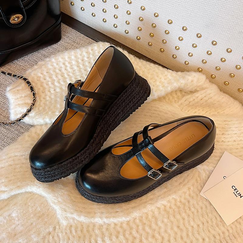 

5 см~ Огромный комфорт 2025~ Новая кожаная одинарная обувь Женская платформа Соломенные туфли-рыбаки с юбками Туфли Мэри Джейн 39 чёрный