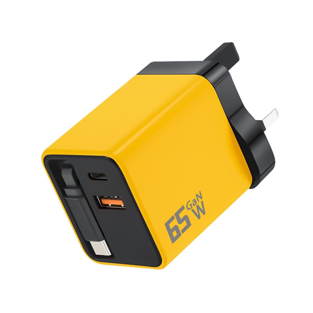 65W Gallium Nitride Charger with Retractable Cable for Apple Fast Charging