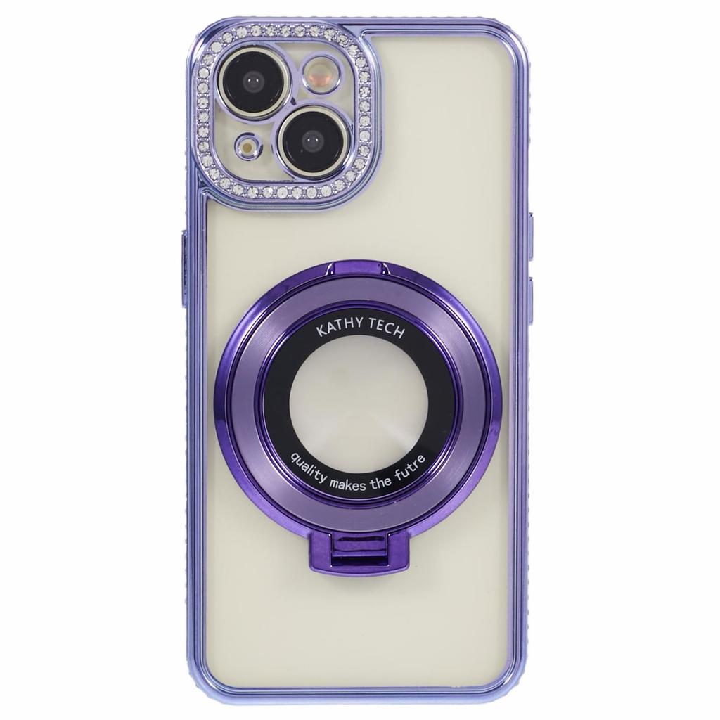 For iPhone 15 Case with Ring Kickstand TPU Anti-Dust Rhinestones Decor Protective Cover