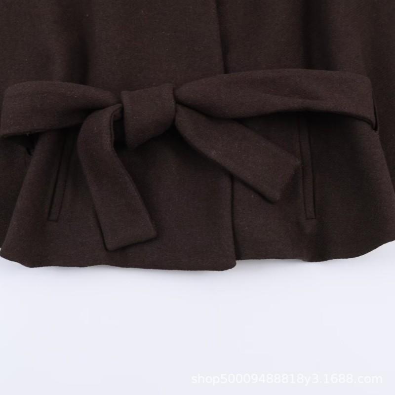 Womens 2026 Short Wool-Blend Coat With Belted Waist Stand Collar Batwing Sleeve Streetwear Chic Outerwear