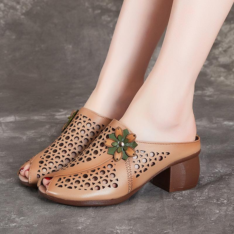 Sommer Damen Schuhe Ethno Stil Dicker Absatz Weiche Sohle Rindsleder Sandalen