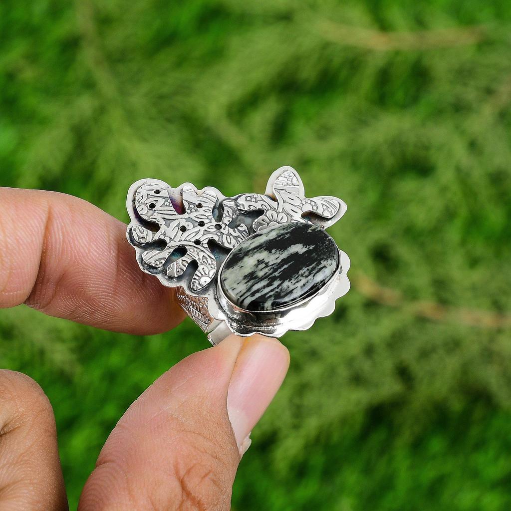 Natural Silver Leaf Jasper Gemstone Multi Stone Adjustable Ring 925 Silver