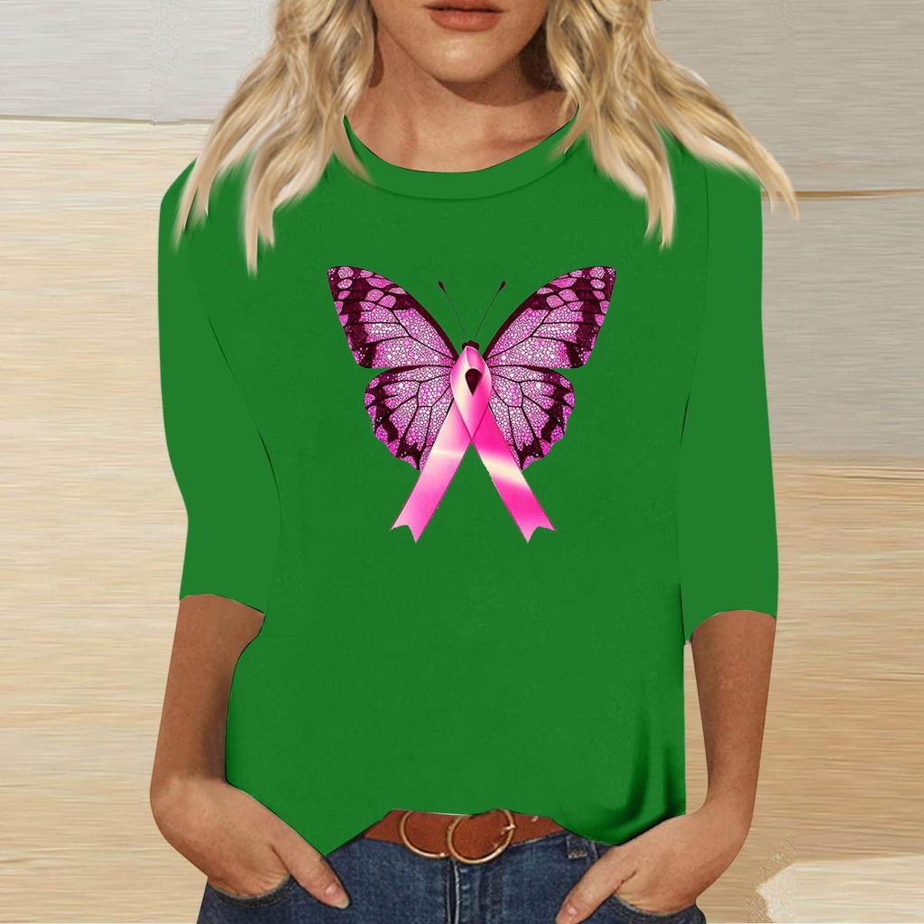 Women's Breast Casual Top with 3/4 Sleeves Round Neck Loose Fit Printed Ribbon Heart Butterfly Pattern for Daily Wear