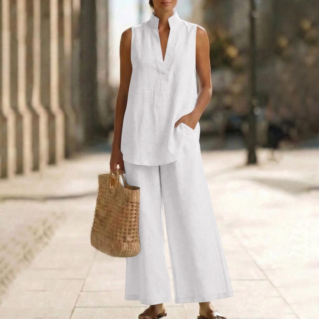 Women's Fashionable Loose V-neck Vest Sleeveless Pullover Top High-waisted Wide-leg Pants Set
