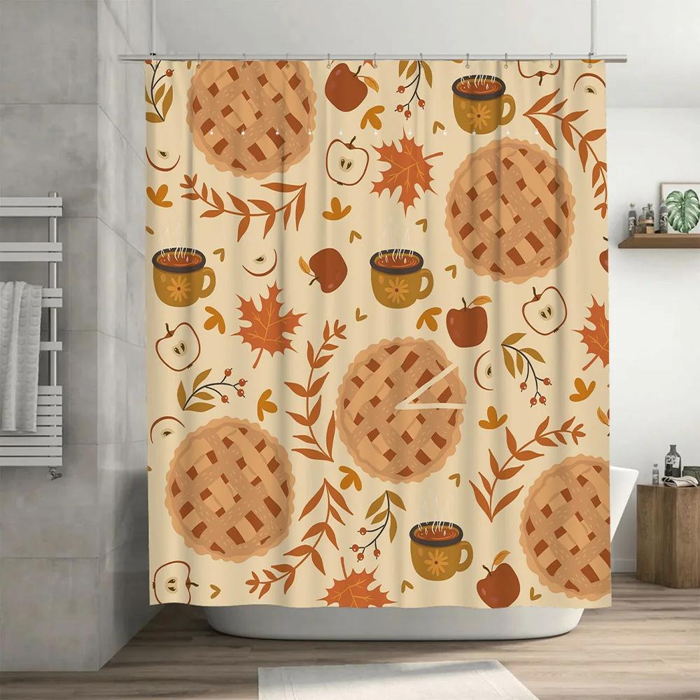 

Cozy Autumn Decor Shower Curtain Set: Pumpkin Pie Pattern Bath Mat Hooks Package For Fall Bathroom Decoration Beige, Orange Flor W60H190(CM)-1 Pcs