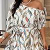 Damen Floral Ein Schulter Maxikleid Kurzarm A-Linie Schwingend Langes Kleid Formell Abendparty Hochzeitsgast Kleid mit