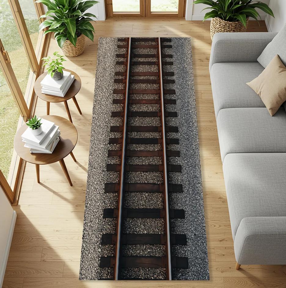 

Railroad Track Rug Illusion Hallway Runner 3D Rustic Train Track Carpet for Entryway Industrial Decor Room Optical Illusion Rug 40X120CM