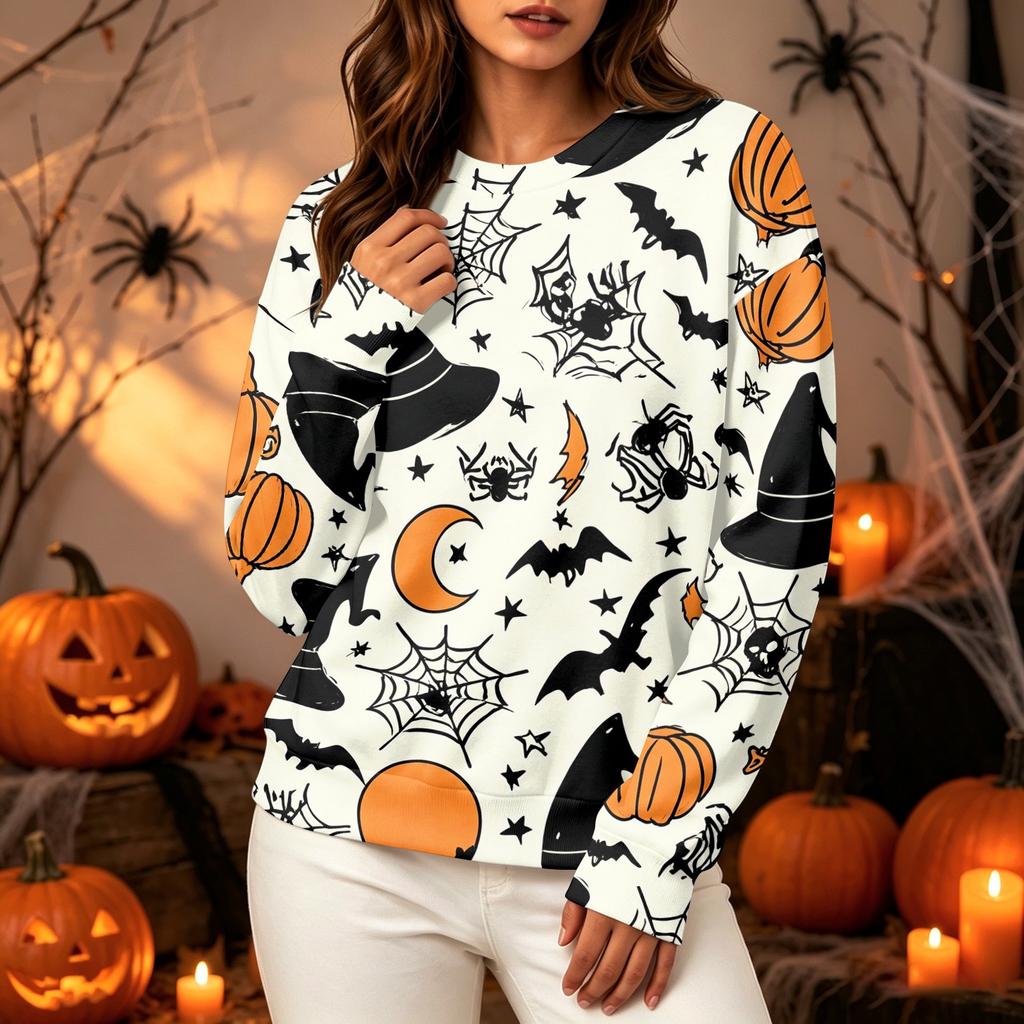 Women's Halloween Long Sleeve Sweatshirt with Pumpkin Print, Round Neck Pullover Top for Casual Daily Wear