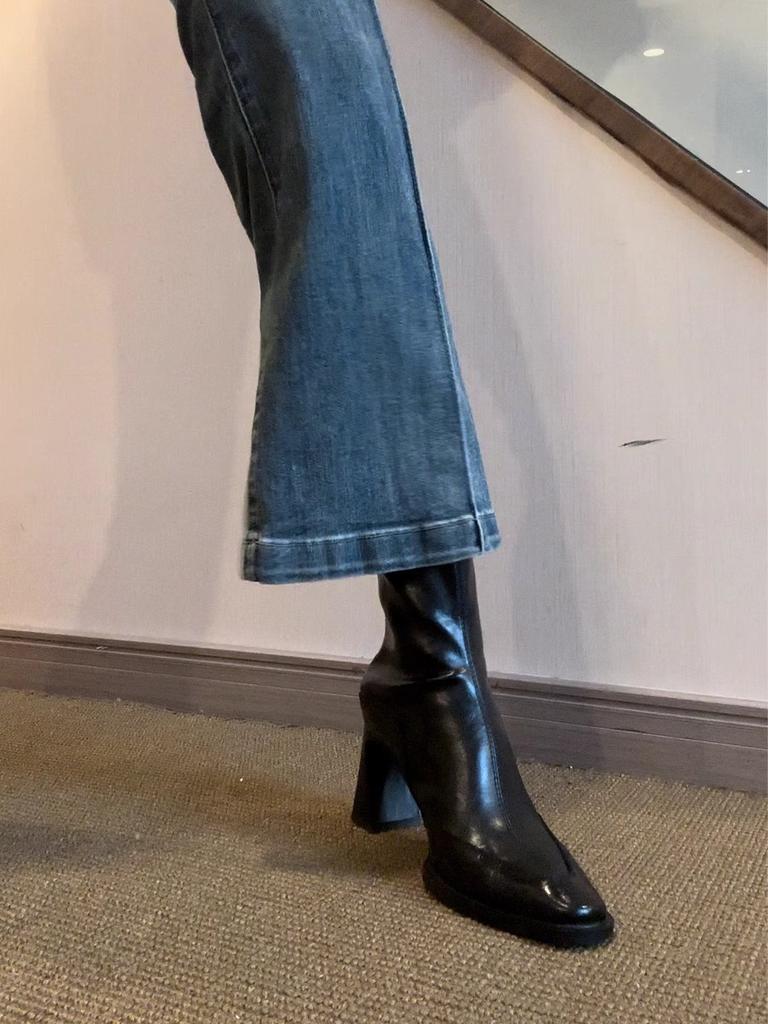 Cowhide Short Boots 2026 Autumn/Winter Square Head Thick Heel Elastic Boots Elegant Versatile Short Boots