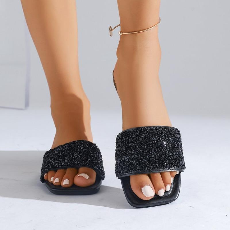 Fashion Summer Women's French Sequined Fairy Shoes Cool Flat Bottom Beach Rhinestones Slides Slippers
