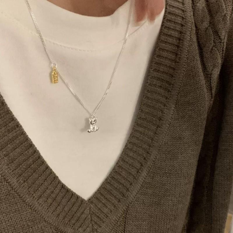 ANENJERY Little Bear Love Heart Letter Necklace For Women Men Clavicle Chain Fashion Jewelry Birthday Gift