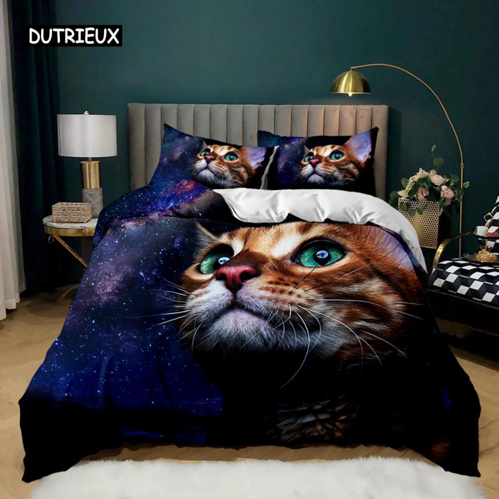 Cartoon Cat Duvet Cover Set Cute Cat Head Room Decor Bedding Set Colorful Pet Twin Double Queen King Size Polyester Qulit Cover