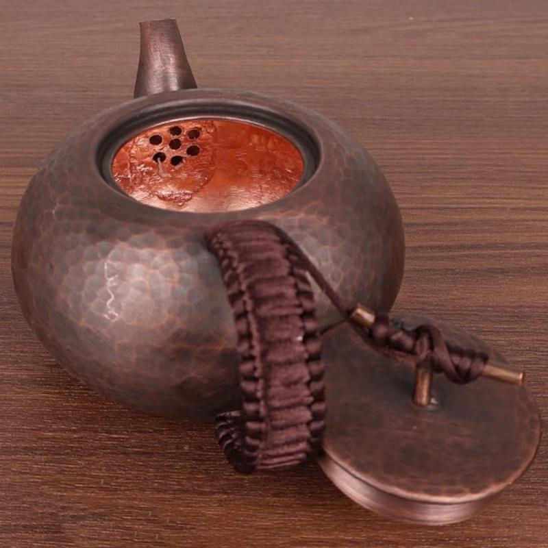 Vintage Pure Copper Coffee Pot,Hammer Texture Weave Portable 450ml Heat Resistant Filter Kettle,Handcrafted Ellipse Shape Teapot