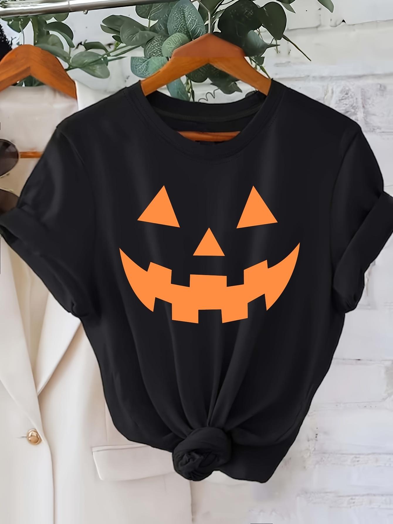 

WomenS Halloween Pumpkin Face TShirt Black with Orange Lantern Harajuku Sleeve Casual Clothing Street Tops Aesthetic Clothes S