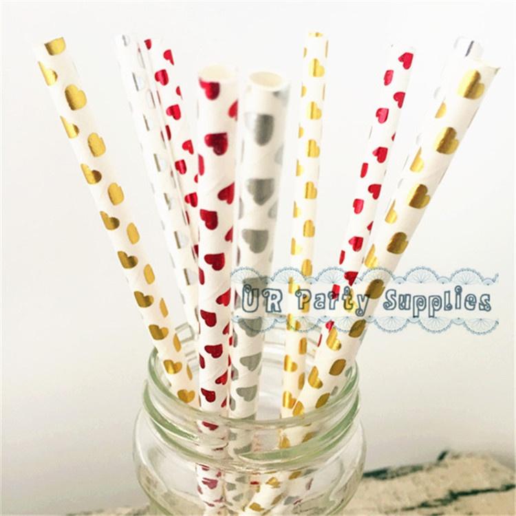 25Pcs/Bag Happy New Year Drinking Paper Straws Heart Foil Disposable Paper Staw Happy Birthday