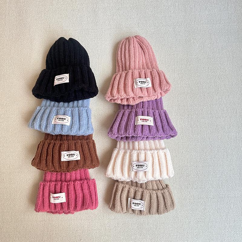 Knitted Woolen Hat Solid Color English Cloth Label Pullover Hat Autumn and Winter Warm Curled Casual Knitted Hat