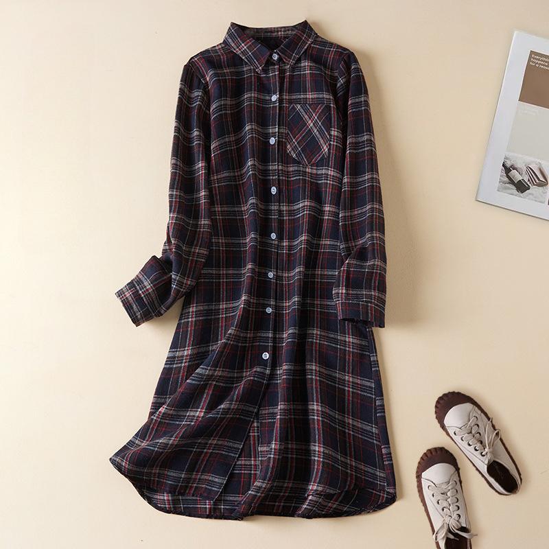Spring and Autumn Plaid Shirt Women's Mid-length Long-sleeved Brushed Blouse Loose Casual Shirt