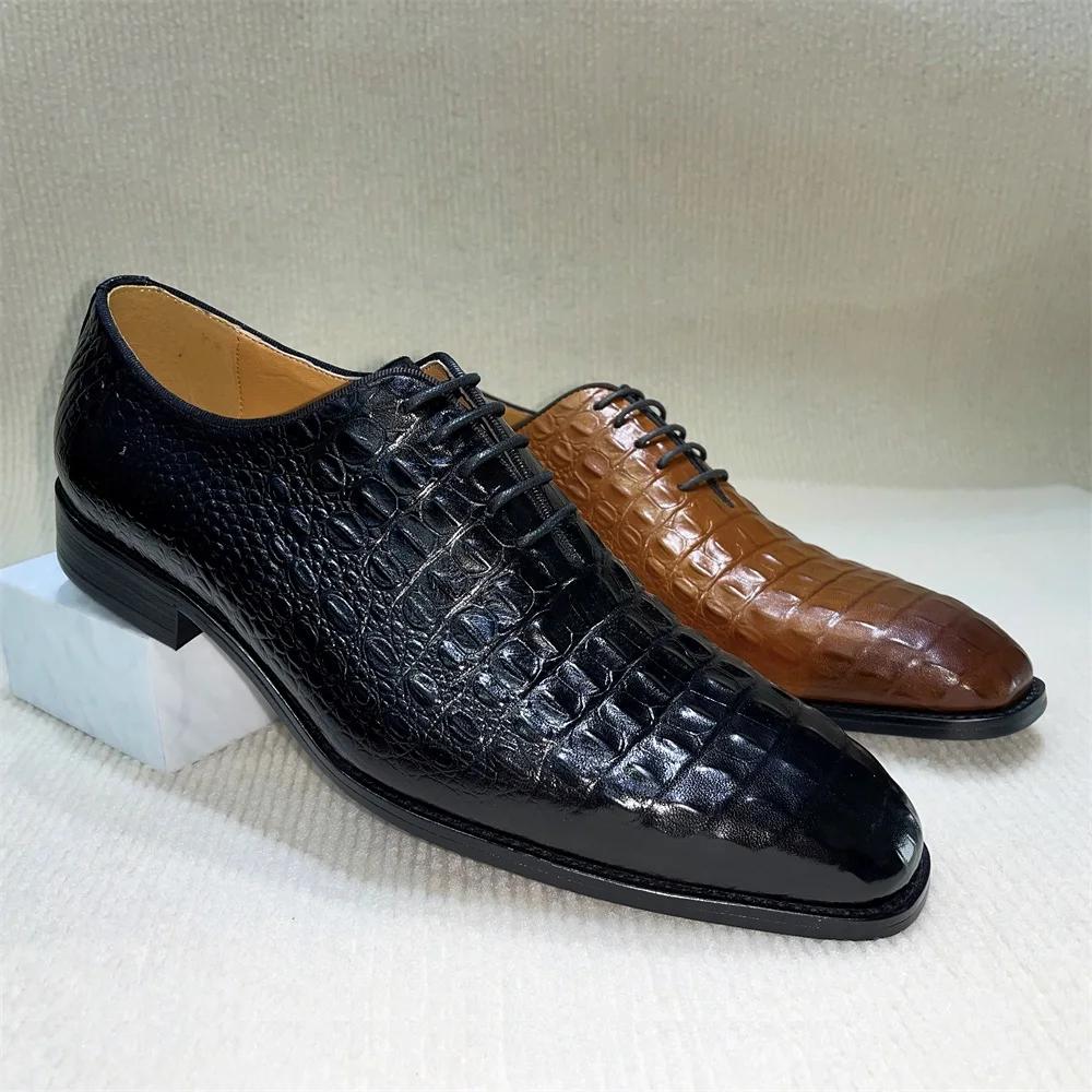 Fashion Men's Python Genuine Leather Dress Shoes Lace-Up Pointed Toe Wedding Formal Oxford Business Shoes In Black/Brown for Banquet