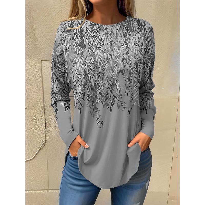2025 Women's T shirt Tee Floral Print Long Sleeve Basic Sweatshirt Fashion Round Neck Regular Fit Floral Painting