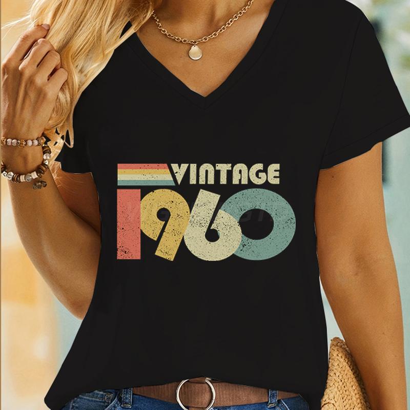 Women 60th Birthday Essential Classic Tops Vintage 1960 To 1969 Graphic T Shirts Short Sleeve Vneck 60 Years Old TShirt Tops