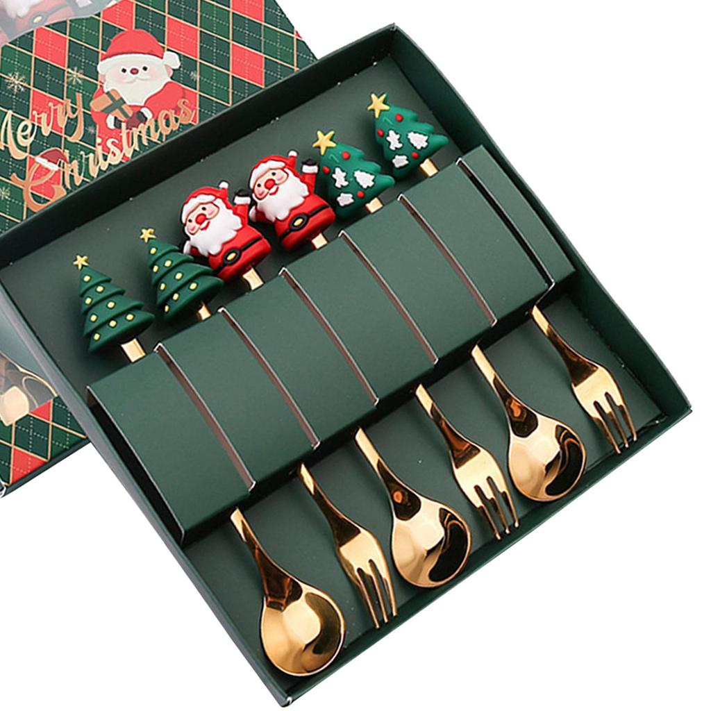 6x Christmas Spoons Forks Set, Stainless Steel Dessert Spoons Forks, Mixing Stirring Spoon, Xmas Cutlery Kits Utensils