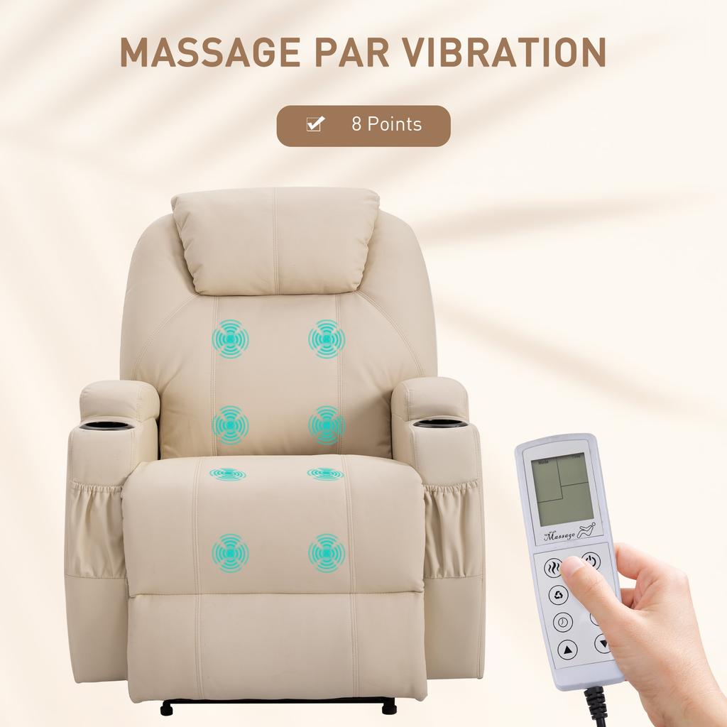 Luxury Reclining And Massage Armchair Electric Footrest Synthetic Leather Cream
