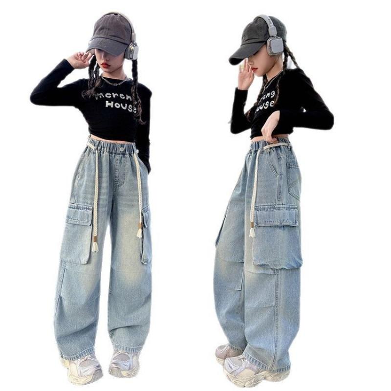 Kids Denim Cargo Pants With Elastic Waistband Girls Street Style Trousers Size 120cm