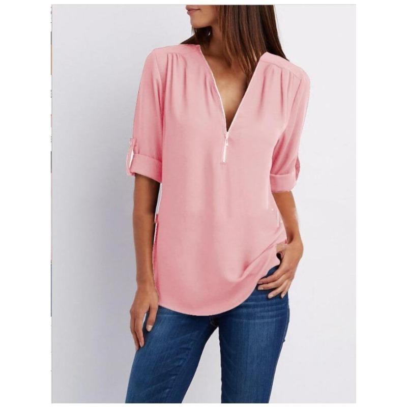 Women's Plus Size Loose Fit V-neck Chiffon Shirt with Long Sleeves and Adjustable Zipper