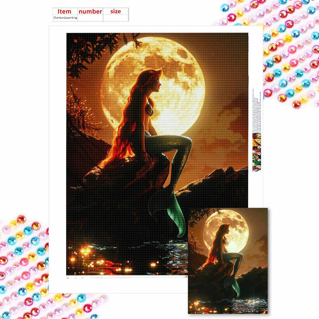5D DIY Diamond Art Painting Kits for Adults, The Mermaid Under The Moonlight Full Round Crystal Diamond Kits for Beginner for Home Wall Decorate