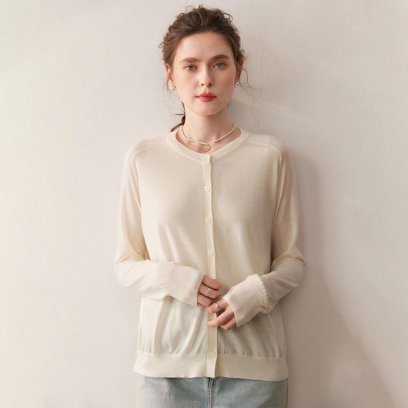 Women's 100% Pure Wool Saddle Shoulder Cardigan - Thin, Round Neck, Fine Knit, Long Sleeve for Simple Commute