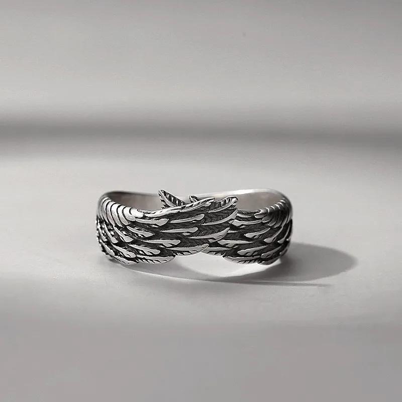 Retro Goth Black Color Angel Demon Wing Rings for Men Women Personality Adjustable Stainless Steel Couple Rings Punk Jewelry
