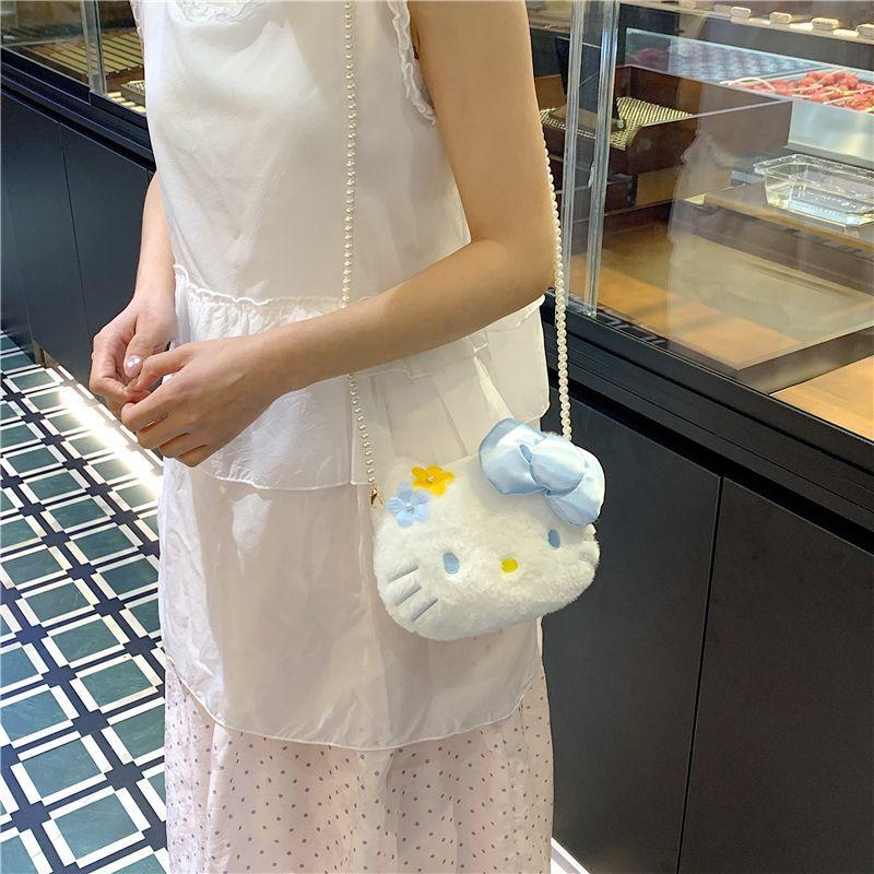 Pearl Chain Kitty Crossbody Bag Cute Plush Shoulder Bag Cat Storage Bag Kawaii Girl Women's Tote Pouch Children's Coin Purse