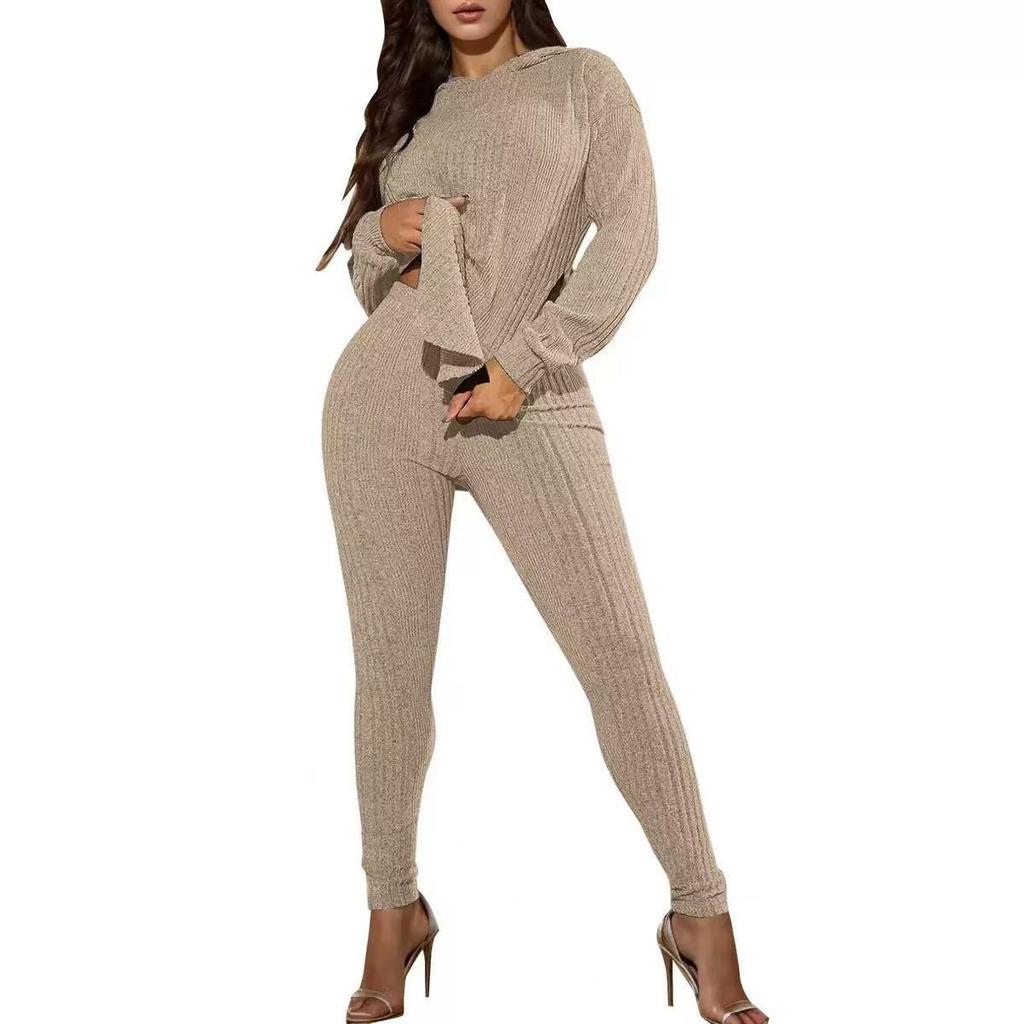 Completo da Loungewear da Donna a Coste con Felpa con Cappuccio Oversize e Spacco Laterale + Leggings Completo 2 Pezzi Morbido Casual Abbigliamento per la Casa Tuta