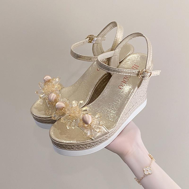 

Rhinestone women s one-word with open-toed wedge sandals, fashionable and comfortable fish mouth sandals 35 золотий