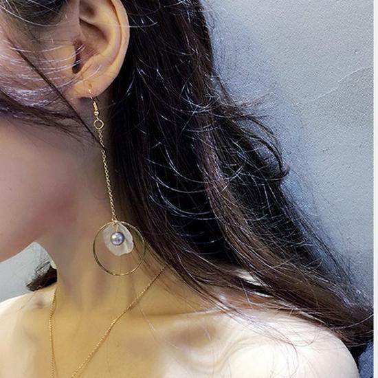 Korean Style Asymmetrical Flower Tassel Ear Hook Earrings - Versatile and Fashionable for Women