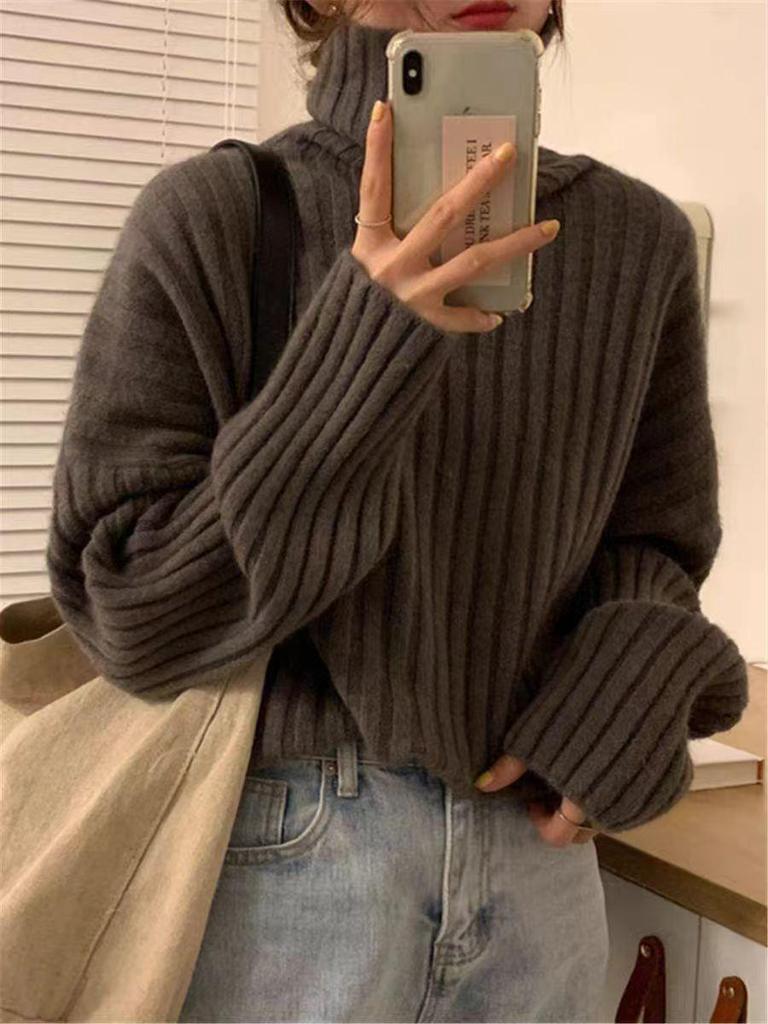 Women's Thick Ribbed Wool Turtleneck Sweater - Loose, Versatile Knit Top