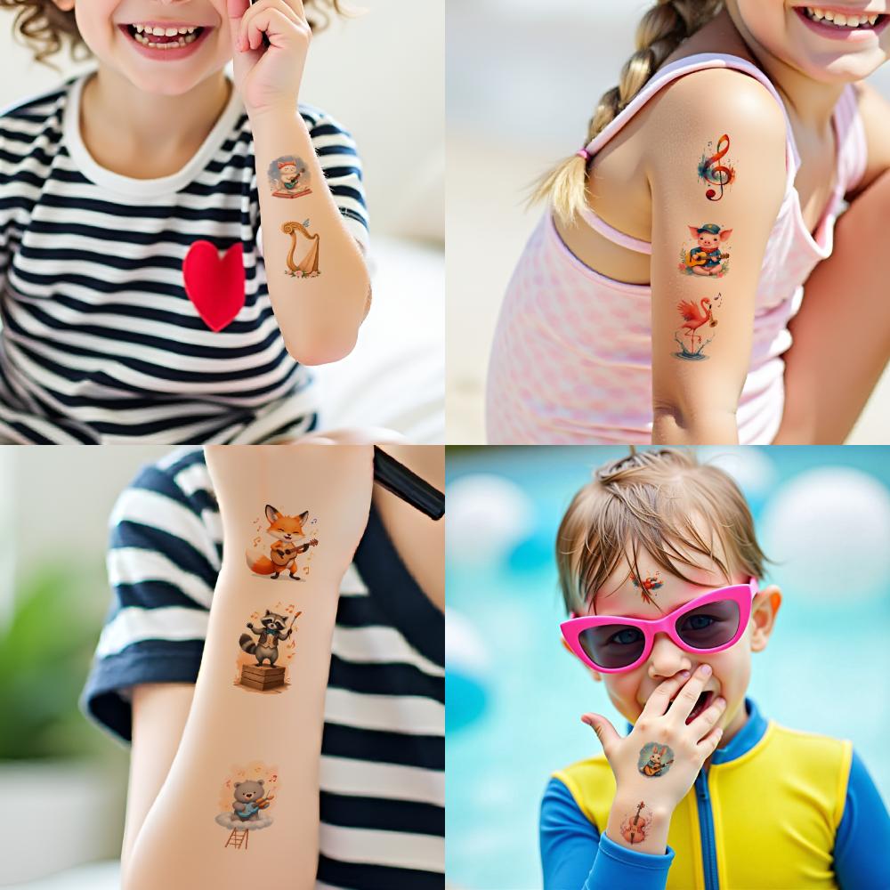 54pcs Temporary Tattoo Animal Music Stickers Temporary Tattoo Stickers Musical Instrument Stickers Cartoon For Arms Shoulders