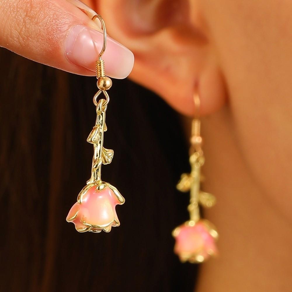 Vintage Style Rose Pendant Earrings Gold Color Fashion Jewelry 3D Rose Dangle Earrings  Gifts розовый