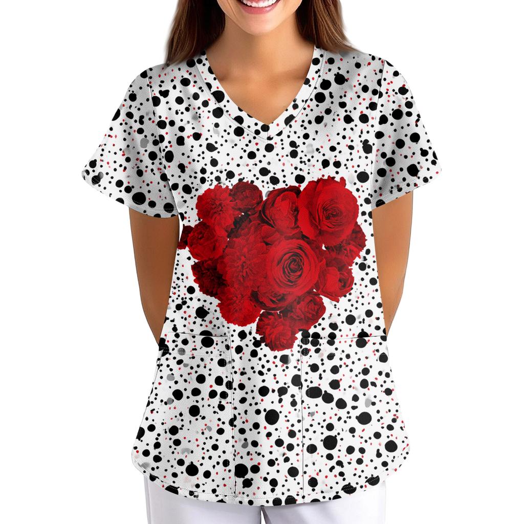 Plus SizePrinted Scrub Working Uniform Tops For Women's Cross V-Neck Print Short Sleeve Fun T-Shirts Workwear Tee With Pockets