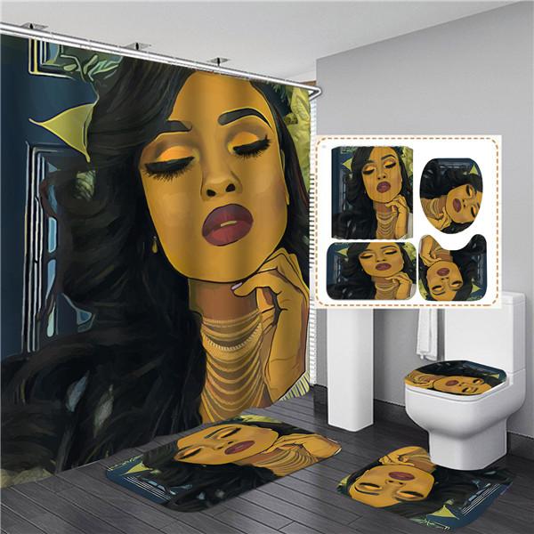 4PCS Full Set Bathroom Curtain Set Elegant African Black Woman Shower Curtain Hooks Modern Bath Mat Toilet Lid Cover Anti-slip Bath Mats