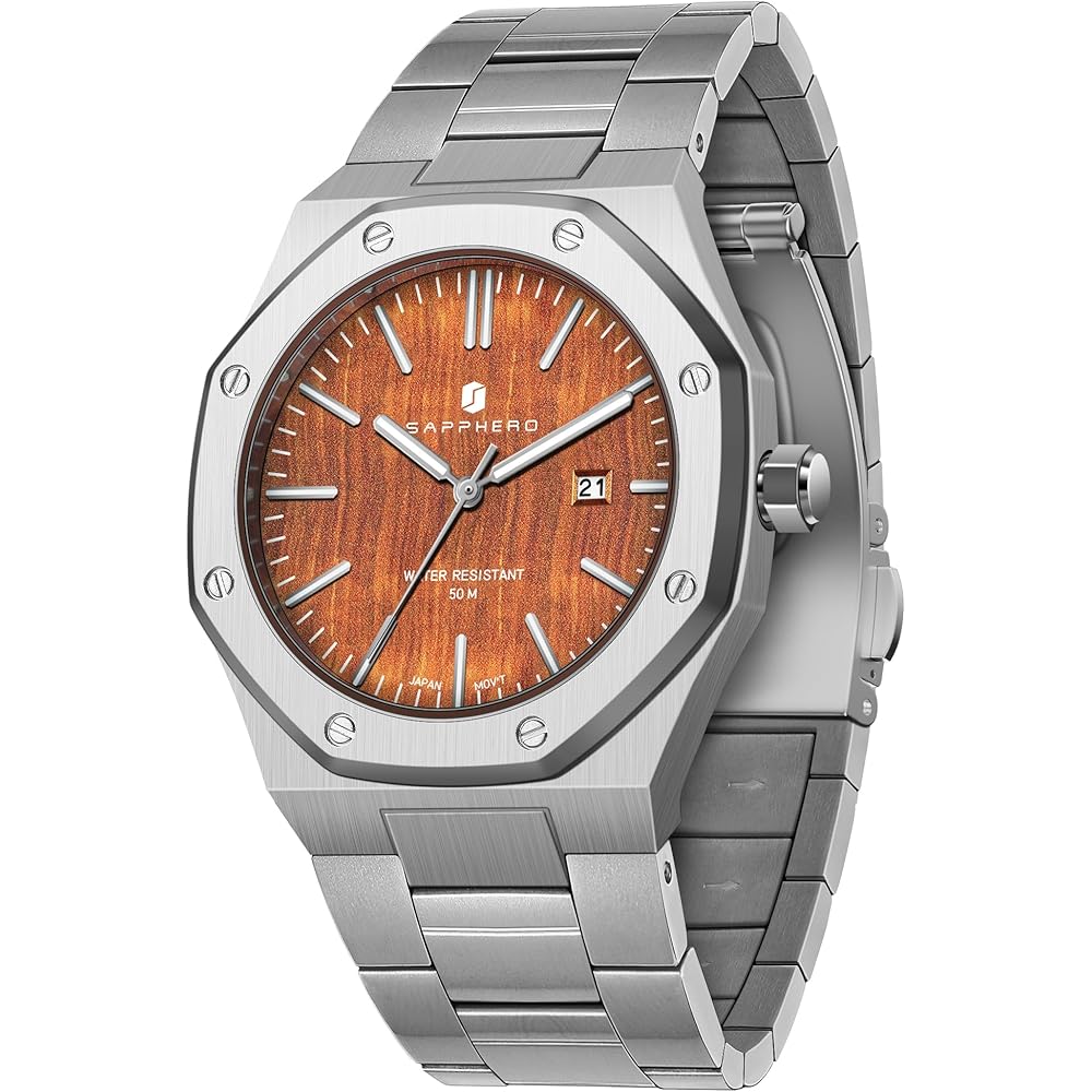 SAPPHERO Men s Chronograph Watch Stainless Steel 50M Water Resistant Analog Date Display Silver Amber