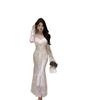 2026 French 3D Floral Ribbon Long Sleeve Lace Slimming Fishtail Formal Dress for Women