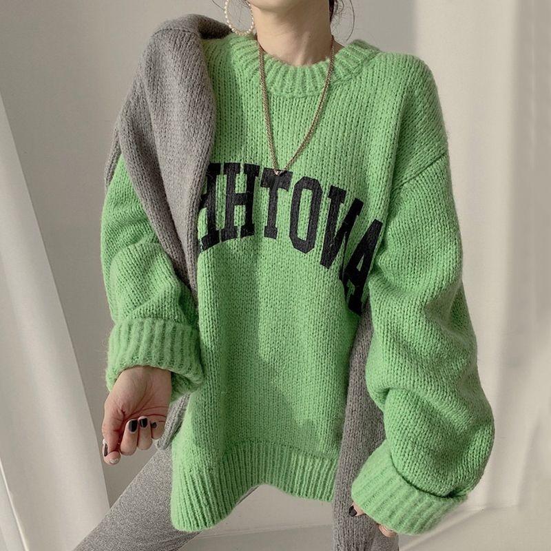 Koreanische Mode Herbst und Winter Bonbonfarben Pullover für Damen Locker Übergroß Pullover Buchstaben Gestrickte Pullover O-Ausschnitt