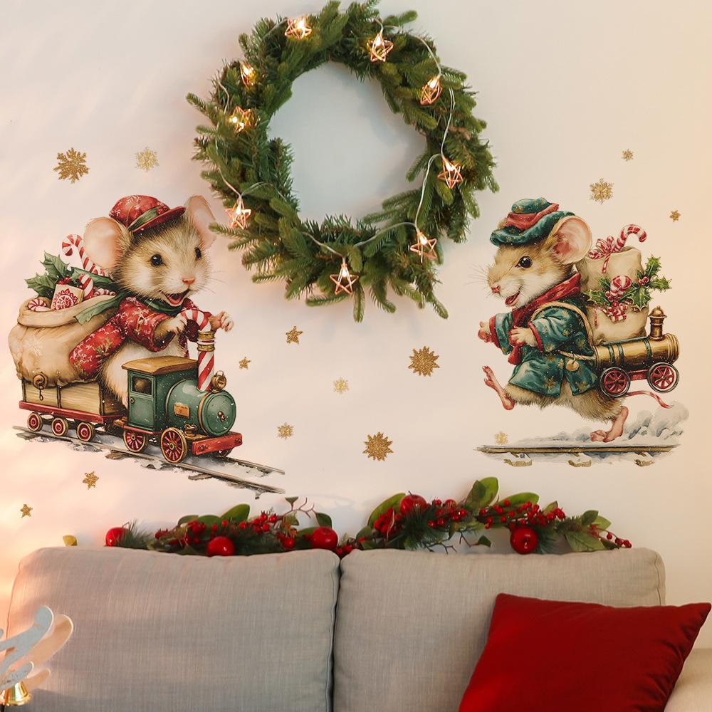 Cartoon Christmas Gift-giving Little Mouse Golden Snowflake Home Beautification and Decoration Wall Stickers