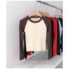 Top feminino de algodão com alta elasticidade, outono e inverno, vintage, contraste, raglan, cintura alta, manga comprida