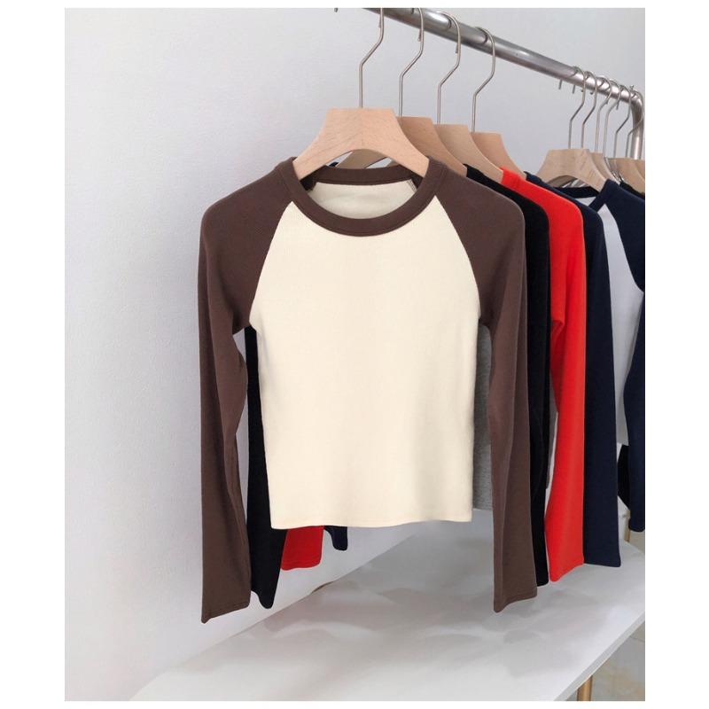 Top feminino de algodão com alta elasticidade, outono e inverno, vintage, contraste, raglan, cintura alta, manga comprida